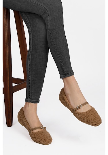Kadın Şık Peluş Ev Ayakkabısı Babet Panduf - Vizon