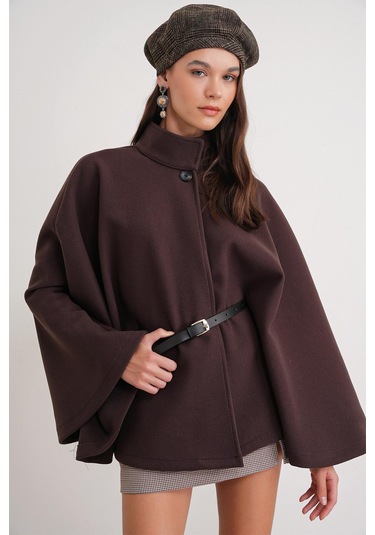 4768 Kadın Kemerli Panço Premium Kaşe Ceket Kahve Kahve