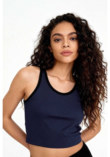 Tommy Life İndigo Basic Sıfır Kol Dar Kalıp U Yaka Kadın Crop Top Atlet - 97160 İndigo