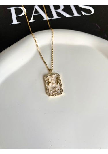 Kadın Çelik Kolye Burç Seri Sedef Plaka İkizler Burcu Kolye Altın