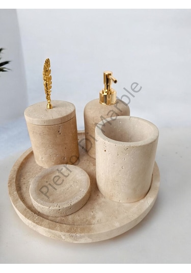 Sarı Traverten Klasik Model 5 Parça Gold Renk Kuş Tüyü Aksesuarlı Banyo Seti Sarı Traverten