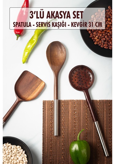 Akasya 3 Lü Servis Kaşığı & Servis Kevgiri & Servis Spatulası & Salata Servis Seti
