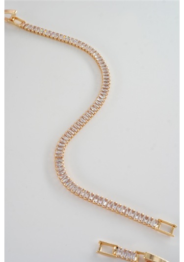 Kadın 316 L Çelik Vip Seri Antialerjik Baget Zirkon Taşlı Su Yolu Bileklik Ölçüleri 17cm + 3 Cm Uzatma 5 Mm Taş Boyutu-5214 Altın