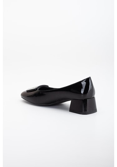 Büyük Numara Rugan Kare Taşlı Siyah Kadın Kısa Topuklu Ayakkabı-3147-sıyah Siyah