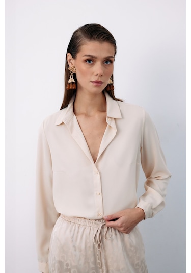 Sateen Düz Klasik Gömlek - Bej-122324 Bej