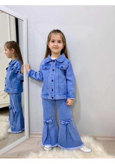 Modavals Fiyonk Detaylı İspanyol Paça Kot Pantolon & Kot Ceket & Badi Kız Çocuk Kombin Çok Renkli