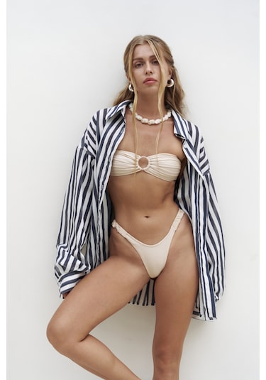 Rosy Transparan Çizgili Lacivert Oversize Gömlek Lacıvert