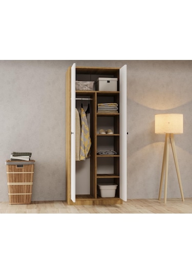 Kuzey Life Rami 2 Kapaklı 5 Raflı Askılı Gardırop 52cm Derinlik