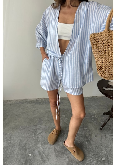 Moderie Butik Çizgili Tunik -şort Takım - Mavi