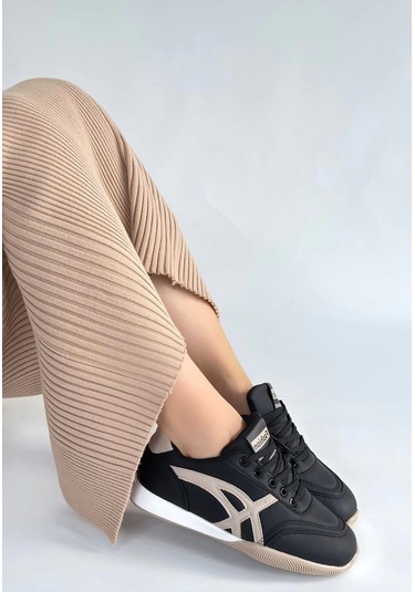 Zlay Siyah Cilt Bej Detaylı Bağcıklı Spor Ayakkabı Diğer