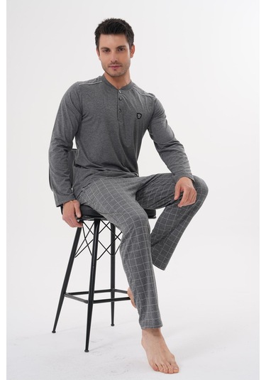 Mecit 2982 Füme Büyük Beden Uzun Kollu Erkek Pijama Takımı Füme