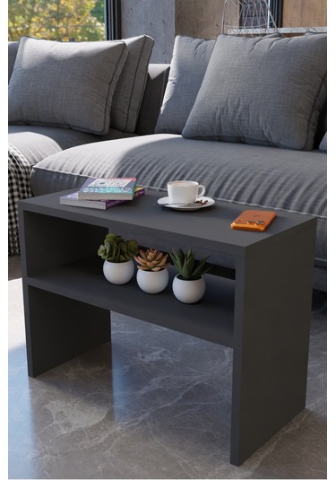 Alpa Ev Mobilya C Tasarım Koltuk Yanı Sehpa, Kitaplıklı Modern Laptop & Kahve Sehpası, Orta Sehpa Antrasit