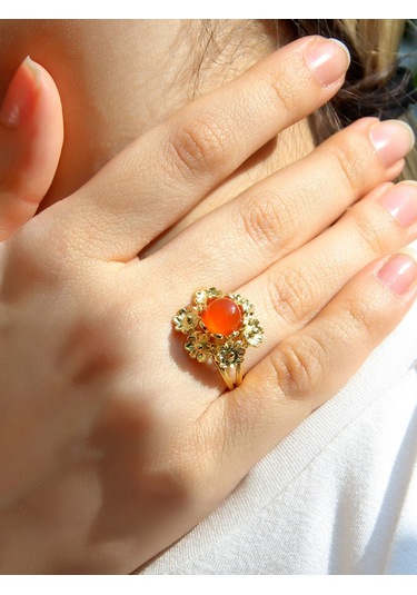 Esha Store Doğal Taş Akik Doğal Taşlı Çiçek Model Telkari Kadın Ayarlanabilir Altın Kaplama Yüzük Euy61ag Kırmızı