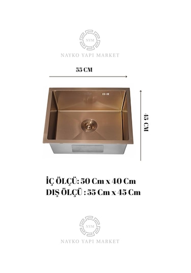 Dysnox Pax Serisi %100 Krom 45 x 50 CM Paslanmaz Mutfak Eviye Sifon Dahil Desensiz Bronz