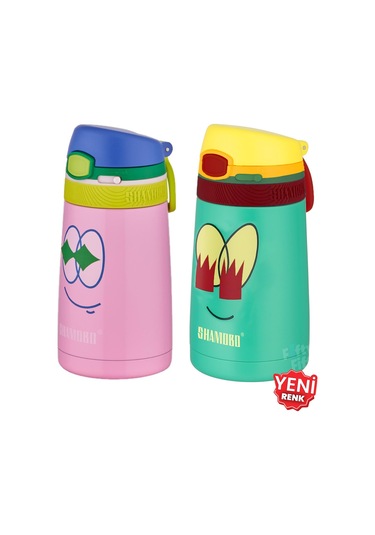 Shamobo 2li Set Pipetli Çelik Termos 350ml -6 Saat Isı Yalıtımı- Pembe - Açık Yeşil