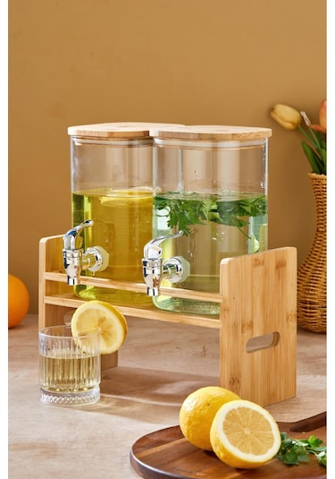 Cooker 2,5+2,5 Litre Bambu Kapaklı İkili Borosilikat Cam Sebil Seti Ckr3841