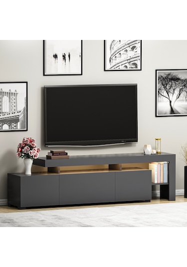 Beliz Modern LED Işıklı 3 Kapaklı, Raflı TV Sehpası – 192 cm, Antrasit