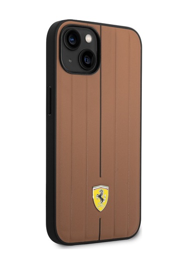 İphone Uyumlu 14 Kılıf Ferrari Lisanslı Deri Arka Yüzey Metal Logolu Şerit Tasarımlı Kahverengi