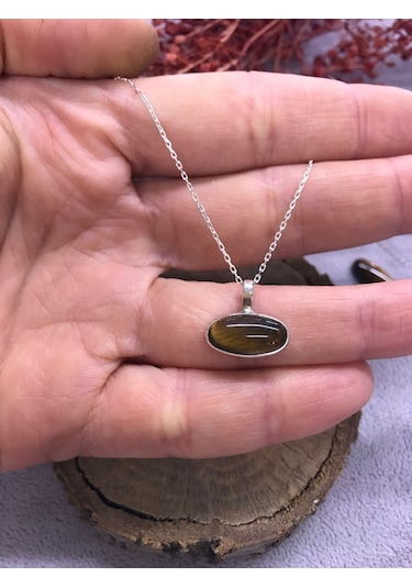 Kaplan Gözü Taşı Gümüş Kolye 925 Ayar Doğal Taş