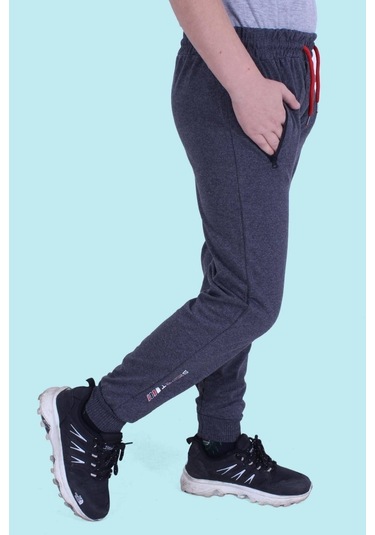 Fermuar Cep Detaylı, Yazı Baskılı Erkek Çocuk Eşofman Altı Füme