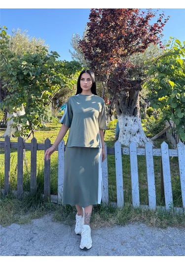 Haki Pamuk Yandan Çizgili Midi Takım Haki