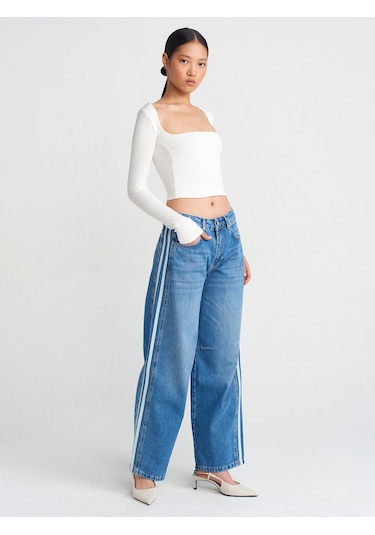 Dilvin 71755 Yanı Şeritli Balon Denim Pantolon Mavi