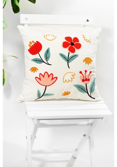 45x45 Cm Beyaz Punch Nakışlı Kırlent Kılıfı Bohem Tarzı Dekoratif Yastık Kılıfı Karışık/Çok Renkli