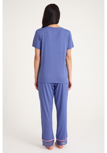 Dream Gri Mavi Viskon V Yaka Dantel Detaylı Pijama Takımı Mavi