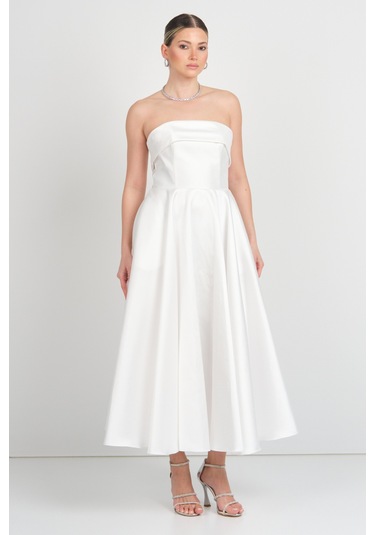 Doridorca Kadın Straplez Uzun Abiye Elbise 6068 Beyaz Beyaz