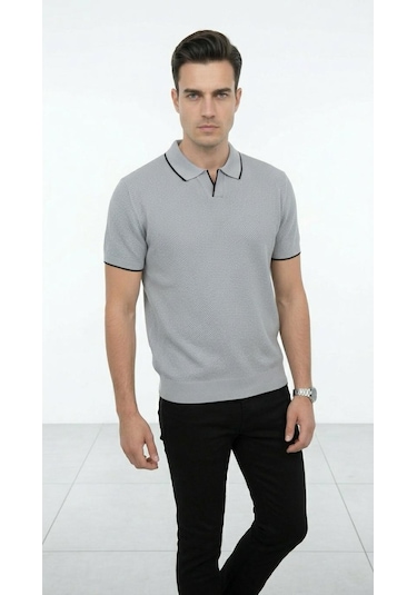 Plus Scorpion Erkek Pike Dokulu Triko Polo Yaka Tişört Slim Fit Şerit Detaylı Yazlık Model Gri