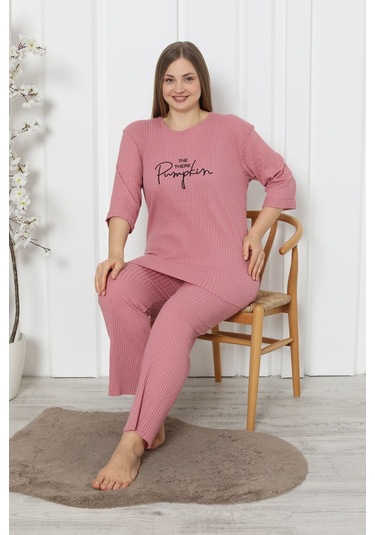 Fames Pijama Fitilli Kaşkorse Pamuklu Ispanyol Paça Yeni Sezon Büyük Beden Ev Giyim Pudra