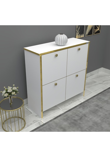 %100 Mdf 2 Kapaklı Küp Altın Sarısı Desenli Gövdeli Ayakkabılık Beyaz