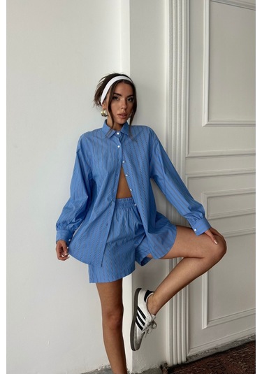 Poplin Çizgili Gömlek - Şort Takım - Mavi Mavi