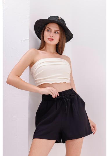 Genius Store Genıus Store Kadın Şort Aerobin Pamuklu Cepli Çekmez Kumaş Beli Lastikli Şort Siyah