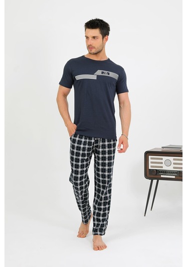Akbeniz Erkek Pamuk Kısa Kol Pijama Takım Lacivert 6875 Lacivert
