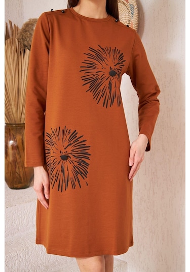 Darlin Moda Taba Baskılı Düğme Detaylı Tunik DM60346 Çok Renkli