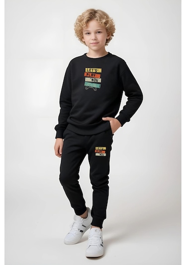 Yuvarlak Yaka Lets Play Baskılı Erkek Çocuk Eşofman Takımı Siyah