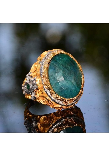 Gerçek Zümrüt Taşlı Yüzük, Zümrüt Yüzük, Katı Sterlin Gümüş Yüzük, Erkek Yüzüğü, Yeşil Gümüş