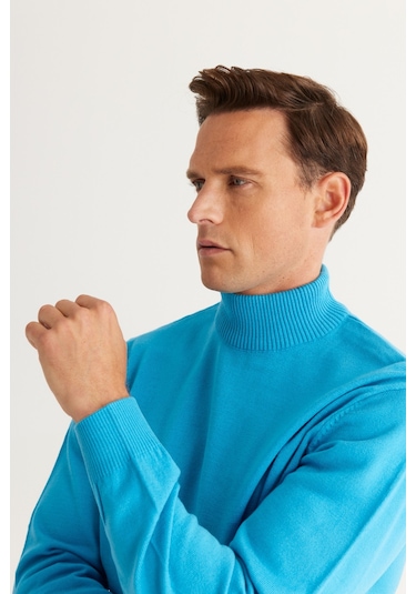 AC&Co / Altınyıldız Classics Erkek Turkuaz Standart Fit Normal Kesim Yarım Balıkçı Yaka Triko Turkuaz