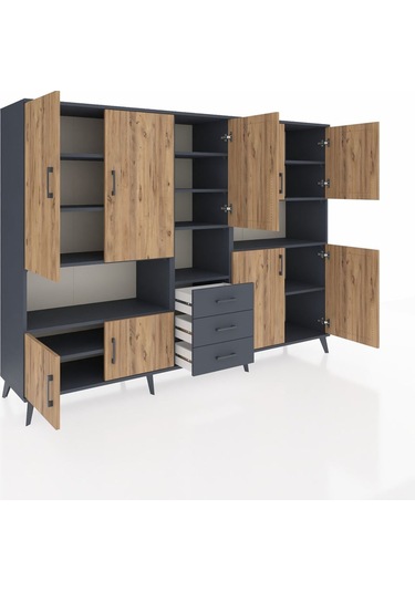 Hyperion Dolap 13 Raflı 3 Çekmeceli 9 Kapaklı 220x44x163 Antrasit Antrasit-çam/antrasit