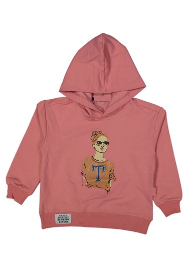 Kız Çocuk T Harfli Gözlüklü Kız Modelli Kapüşonlu Somon Sweatshirt Somon