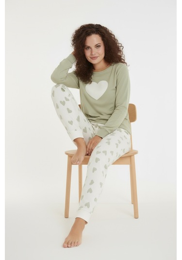 Luxury Thermal Büyük Kalp Desenli Kadın Polar Kışlık Pijama Takımı 42047 Haki