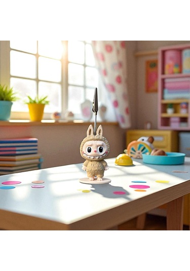 Dekoratif Sevimli Labubu Notluk - Kağıt Tutacağı - Fotoğraf Tutacak Bej