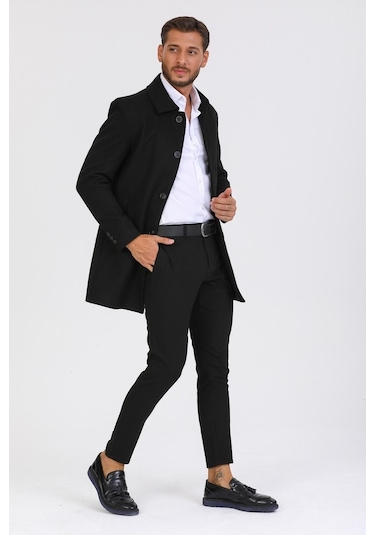 Erkek Siyah Dar Kesim Yün Karışımlı Kaşe Gömlek Yaka Palto Kaban-Siyah