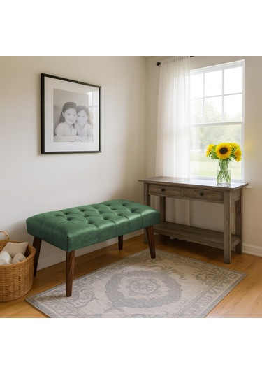 Bench - Deri Kumaş - 45x90 - Ahşap Ayaklı Modern Bank - Yeşil