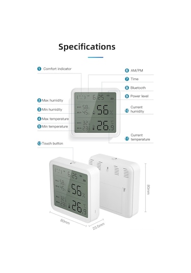 Maiyame Beyaz Bluetooth Isı Ve Nem Sensörü - Akıllı Otomasyon, Arka Işık, Uzak Erişim İçin Gateway Gereklidir - Aaa Pil Pil Yok