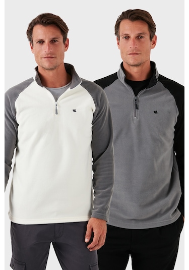 Buratti Slim Fit Yarım Fermuarlı Kışlık Şardonlu 2'Li Paket Erkek Polar 5906055S2 Ekru-Gri