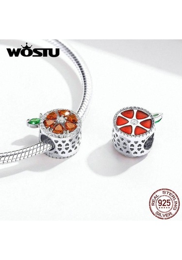 Novahub Doğal 925 Ayar Gümüş Kırmızı Greyfurt Charm Fit Boncuk Bilezik Kolye, Wostu Orijinal Tasarım Gümüş