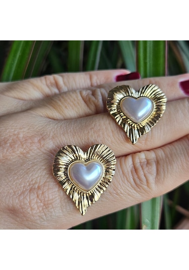 Slowshe-inci Detaylı Kalpli Vintage Küpe Gold