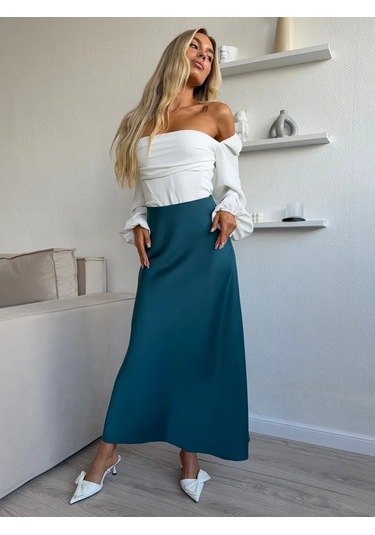 Knitbeat Kadınlar İçin Lastikli Saten Etek 479526530 Zümrüt